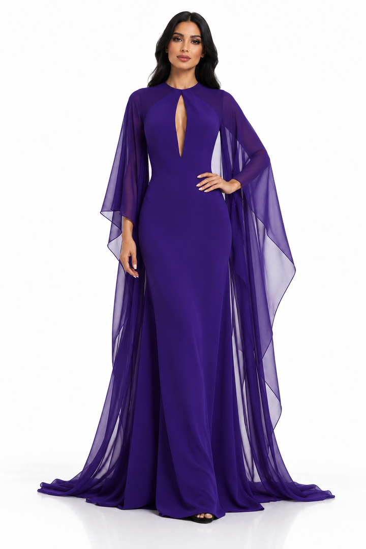Keyhole Cape Sleeve Evening Gown - Amethystine