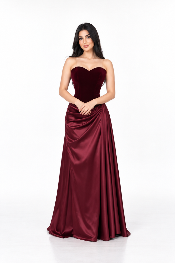 Velvet Draped Strapless Evening - Merlotique