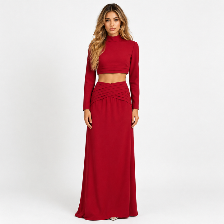 Cropped Long Sleeve Top & Maxi Skirt Set - Scarlet