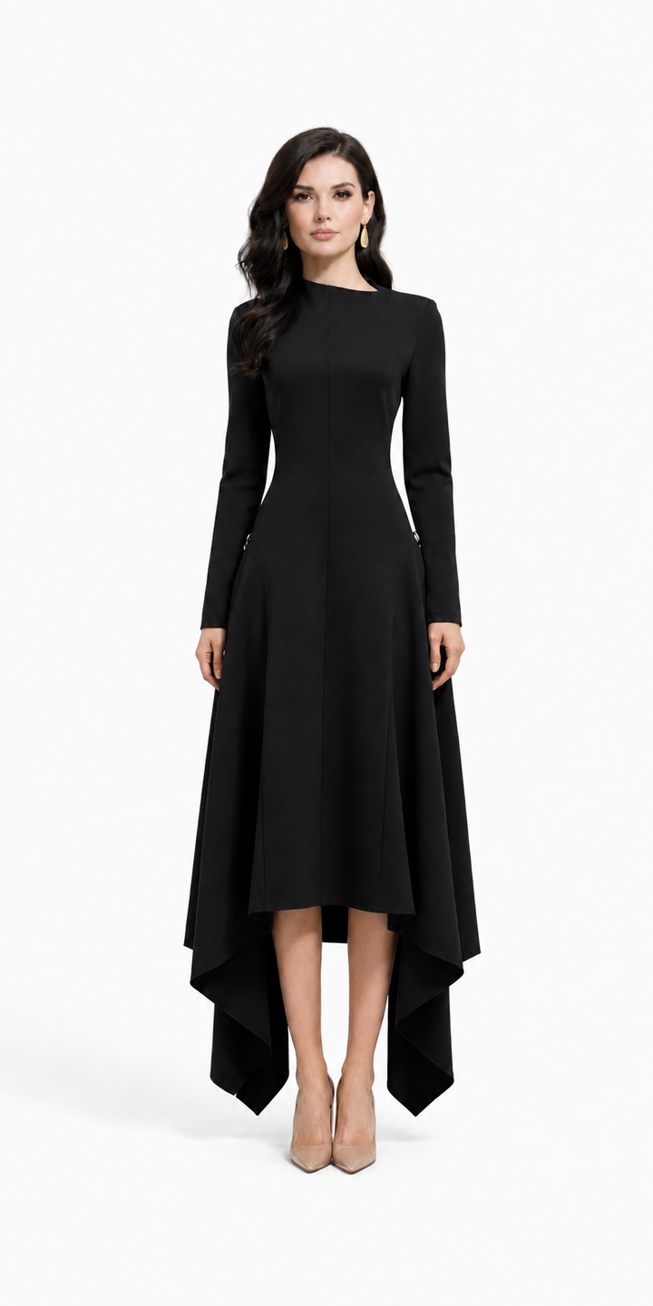 long-sleeve asymmetrical gown with draped back panel – EMERALDA