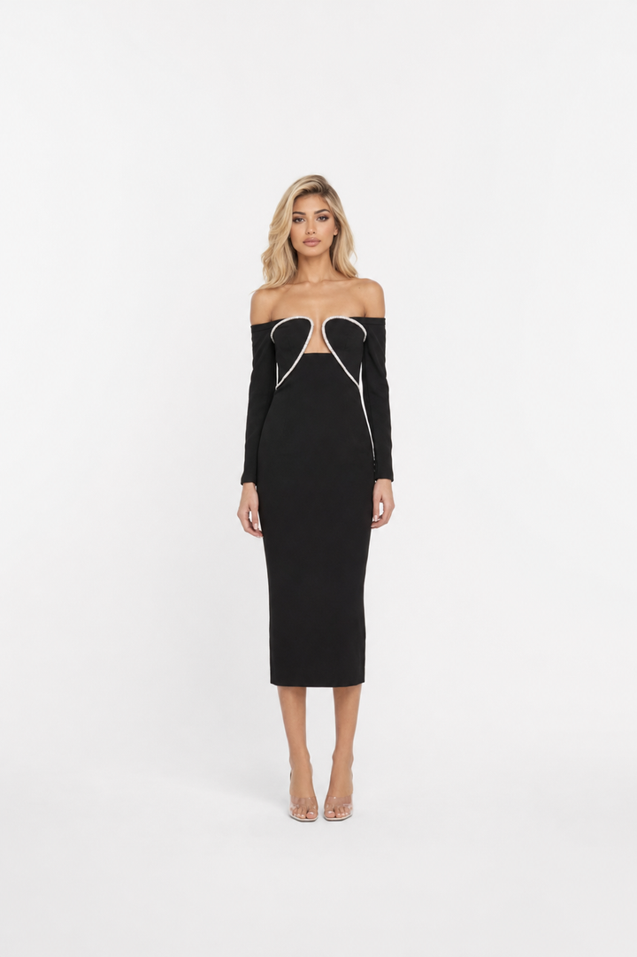 Black Off-Shoulder Cut-Out Midi Dress – VELVETTA