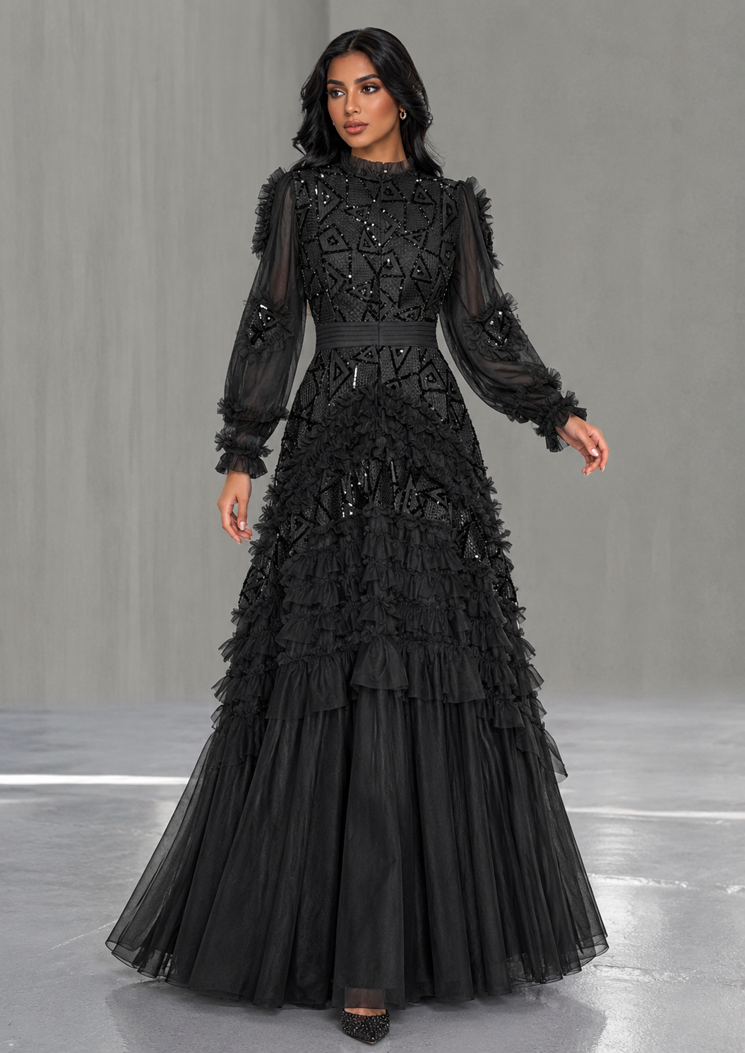 Gold Embellished Ruffle Evening Gown – Aurelia