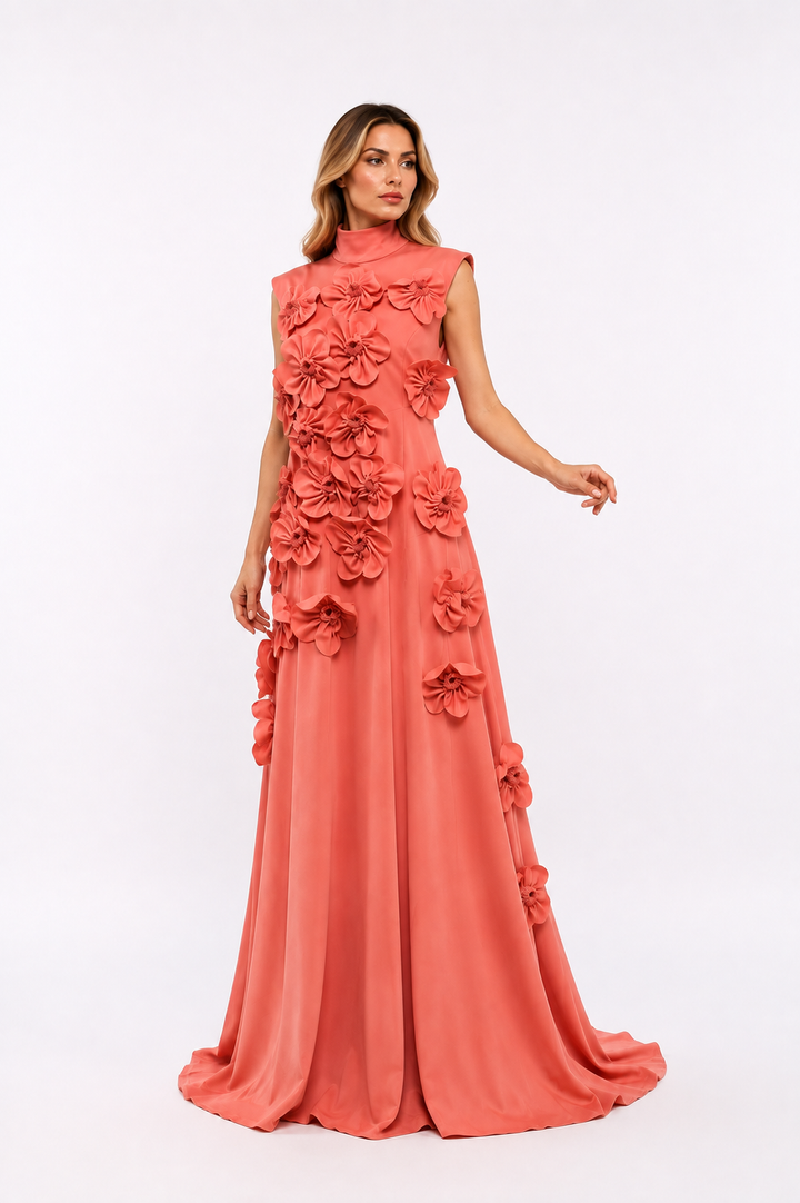 Floral Appliqué A-Line Gown – Rose