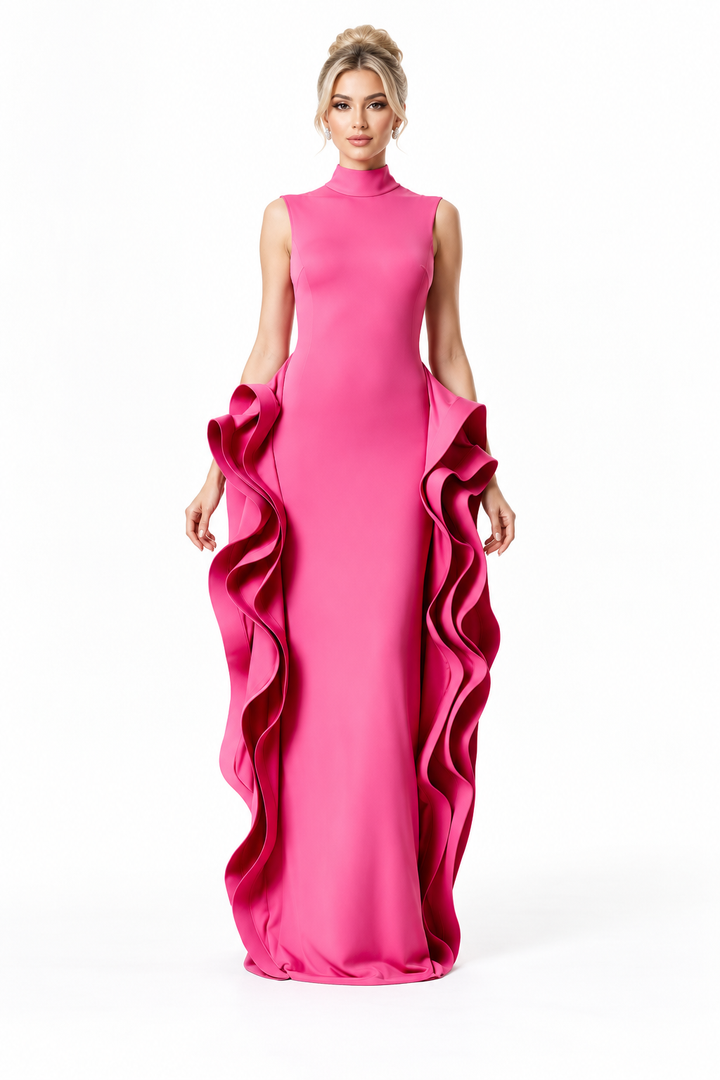 High Neck Ruffle Side Panel Maxi Dress – Fiora