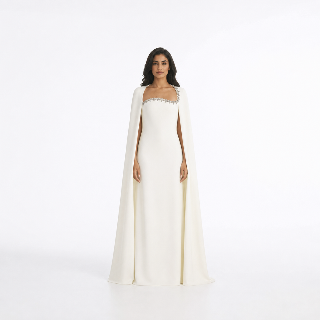 Ivory Crystal Trim Cape Evening Gown – CELESTIA