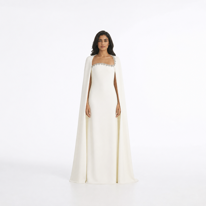 Ivory Crystal Trim Cape Evening Gown – CELESTIA