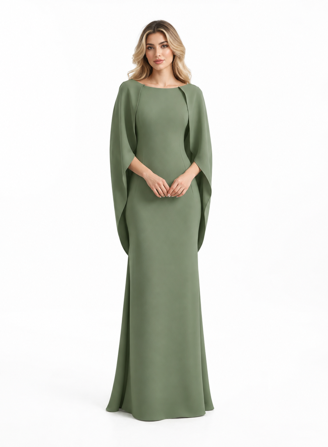 Sage Green Sculpted Cape Maxi Dress - Elowyn