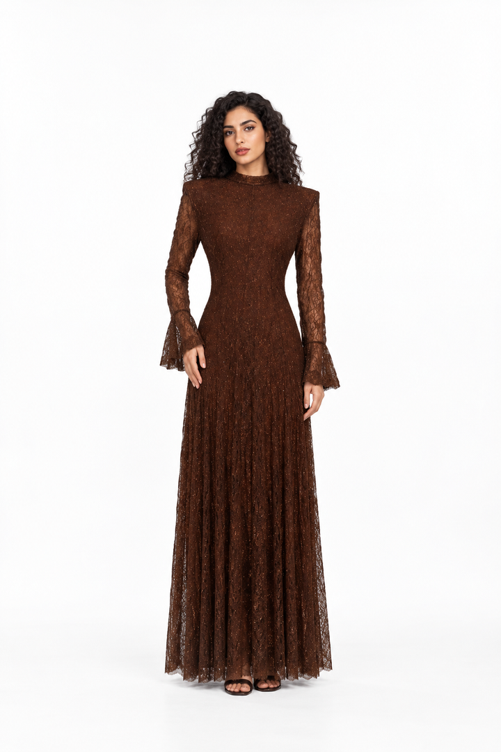 Shimmer Lace High-Neck Evening Gown - Brunelle