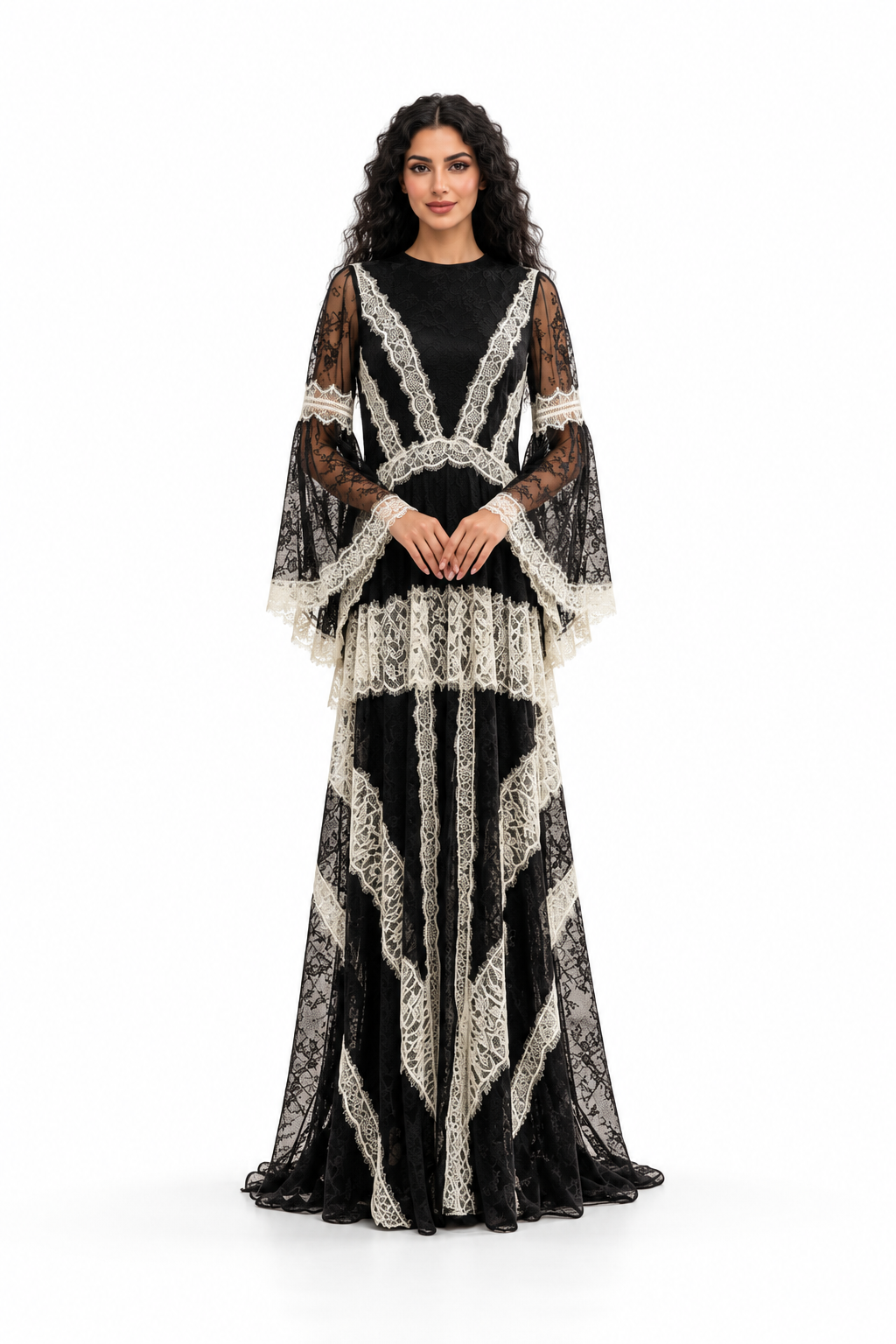 Contrast Lace Bell Sleeve Evening Gown - Chantelle