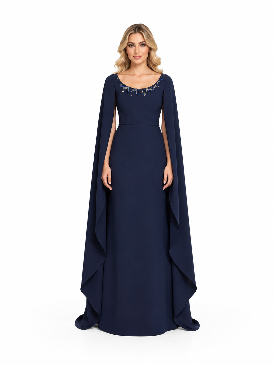 Embellished Scoop Neck Cape Evening Gown - Noctelune