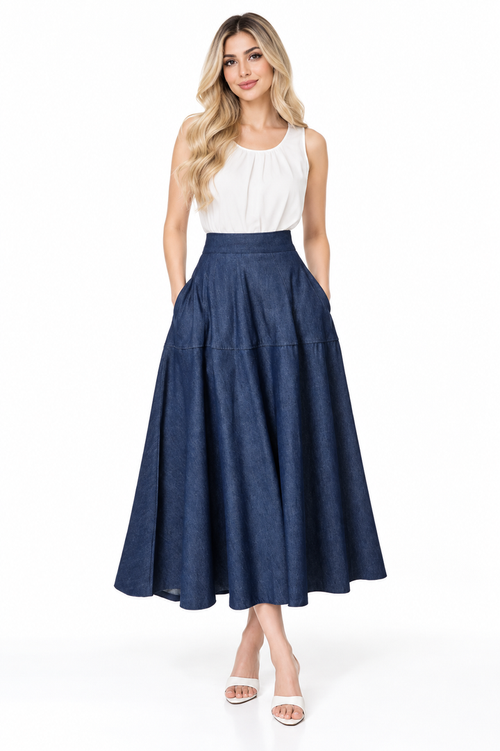 High Waist A-Line Denim Midi Skirt – Navelle