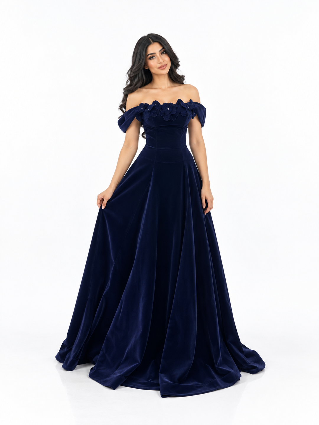 Velvet Off-Shoulder Floral Gown - Midnight
