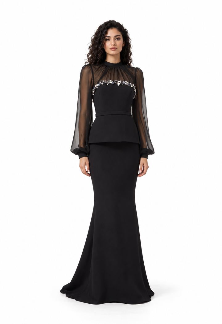 Embellished Sheer Sleeve Evening Gown - Noirevia