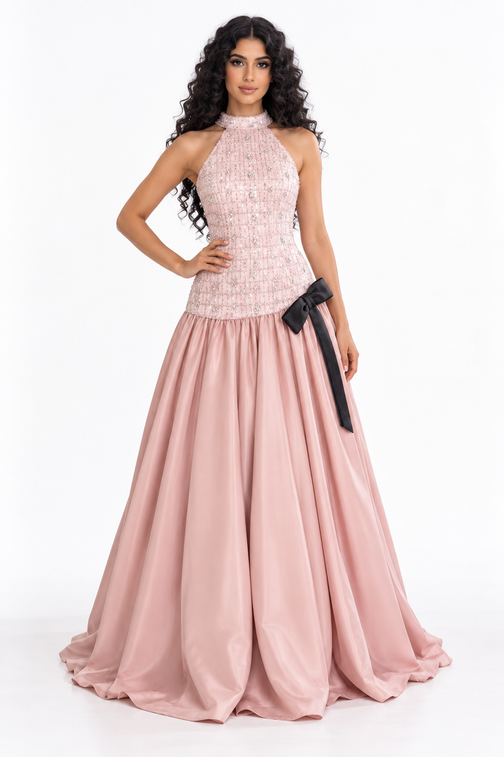 Textured Halter Bow Evening - Elaris