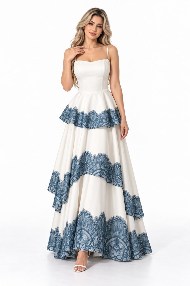 Lace Trim Peplum Maxi Dress - Porcelain