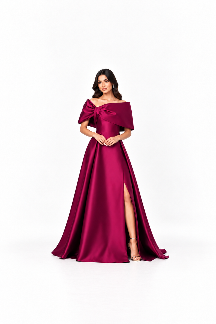 Off-Shoulder Bow Satin Evening Gown - Allure