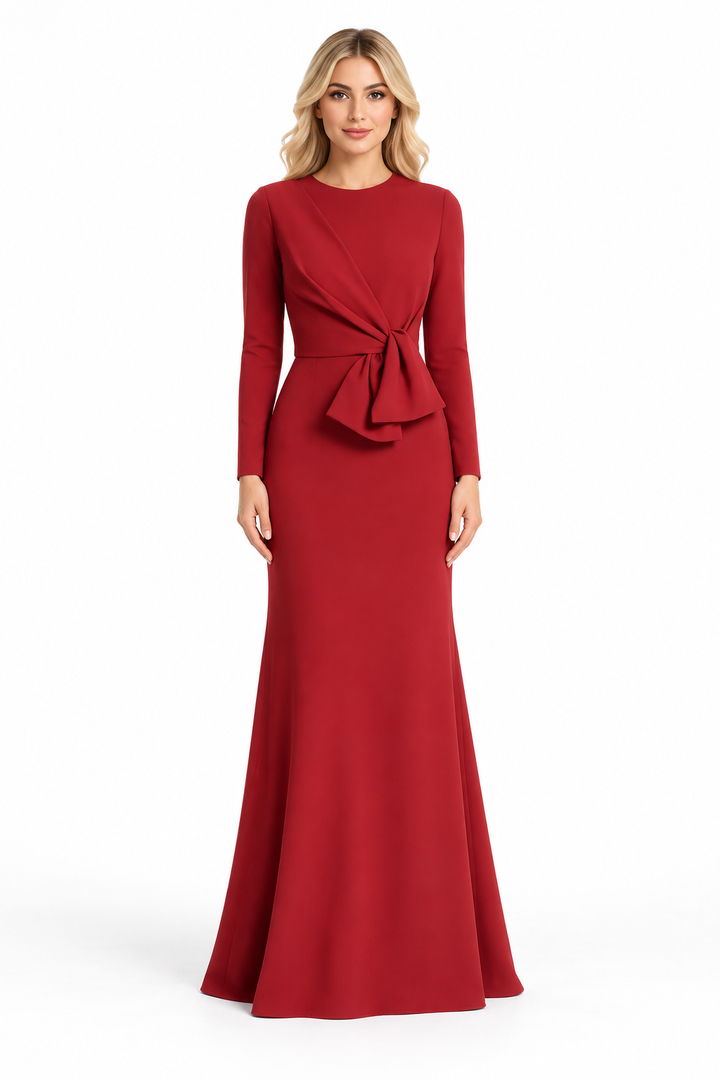 Bow Waist Long Sleeve Evening Gown - Carmellia