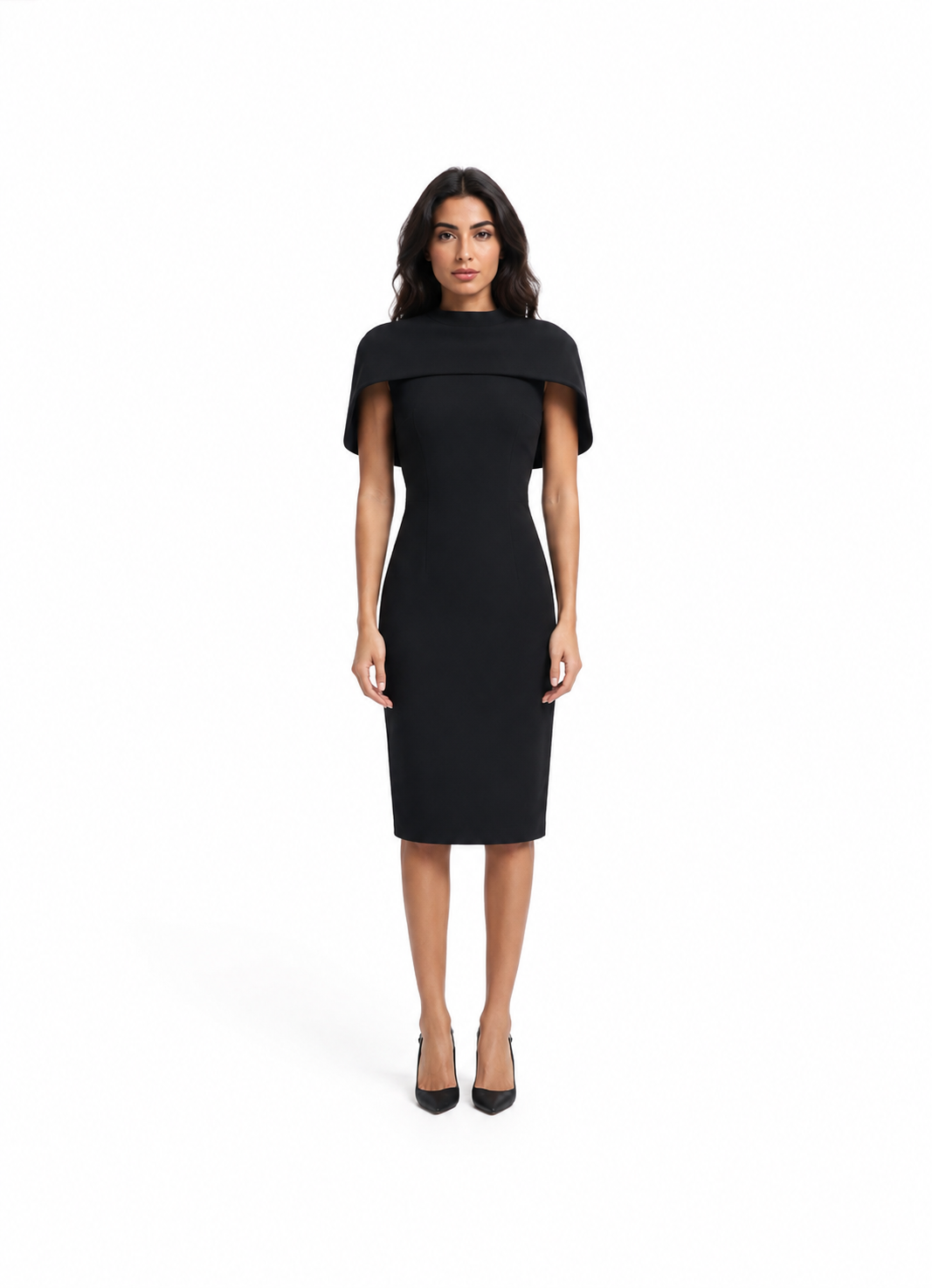 Black Cape-Shoulder Midi Dress – NOCTELLE