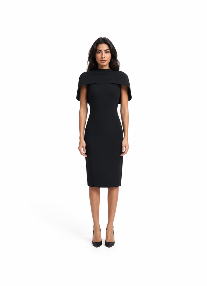 Black Cape-Shoulder Midi Dress – NOCTELLE
