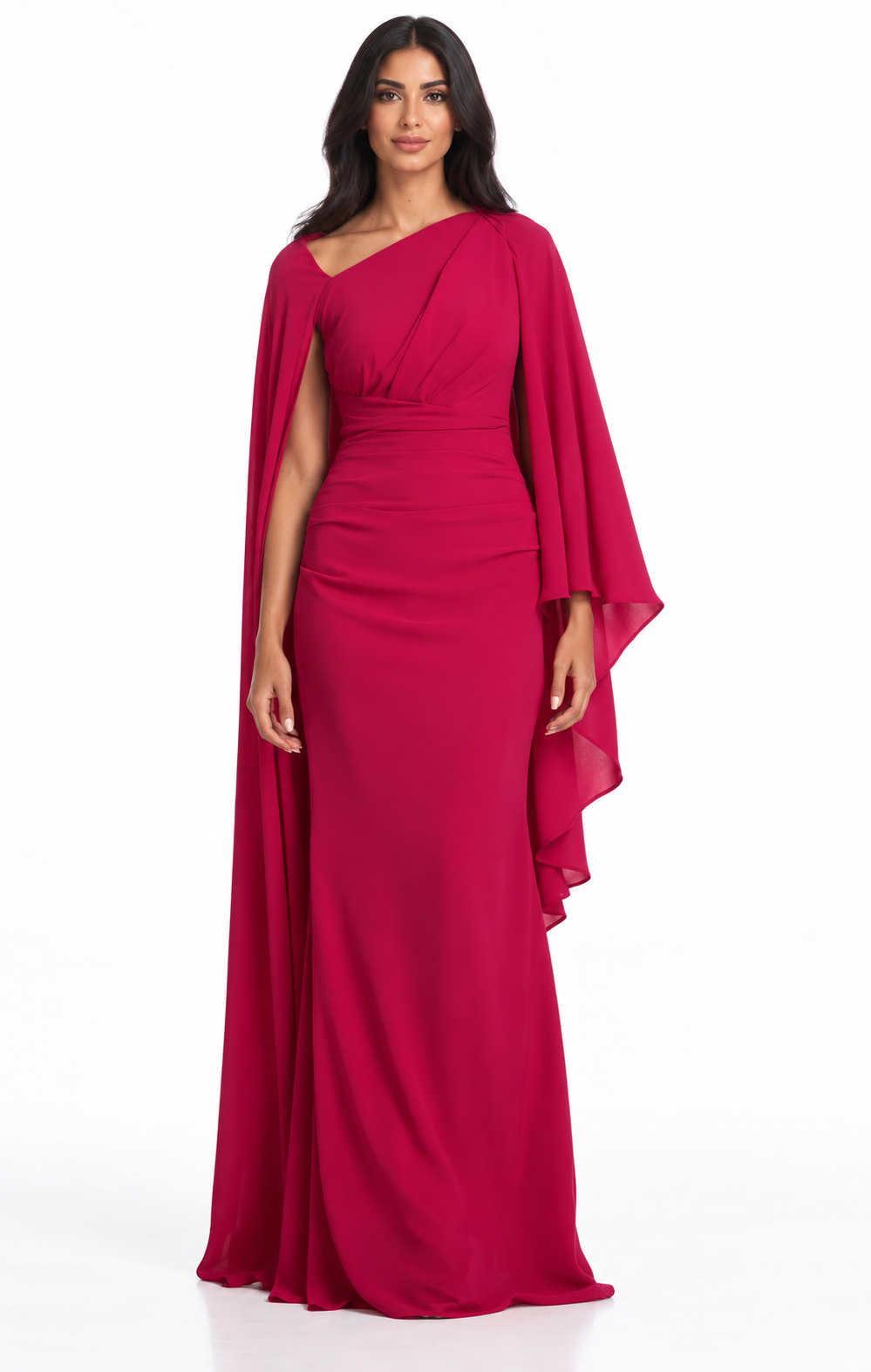 Asymmetric Cape Sleeve Ruched Maxi Dress – Valessa