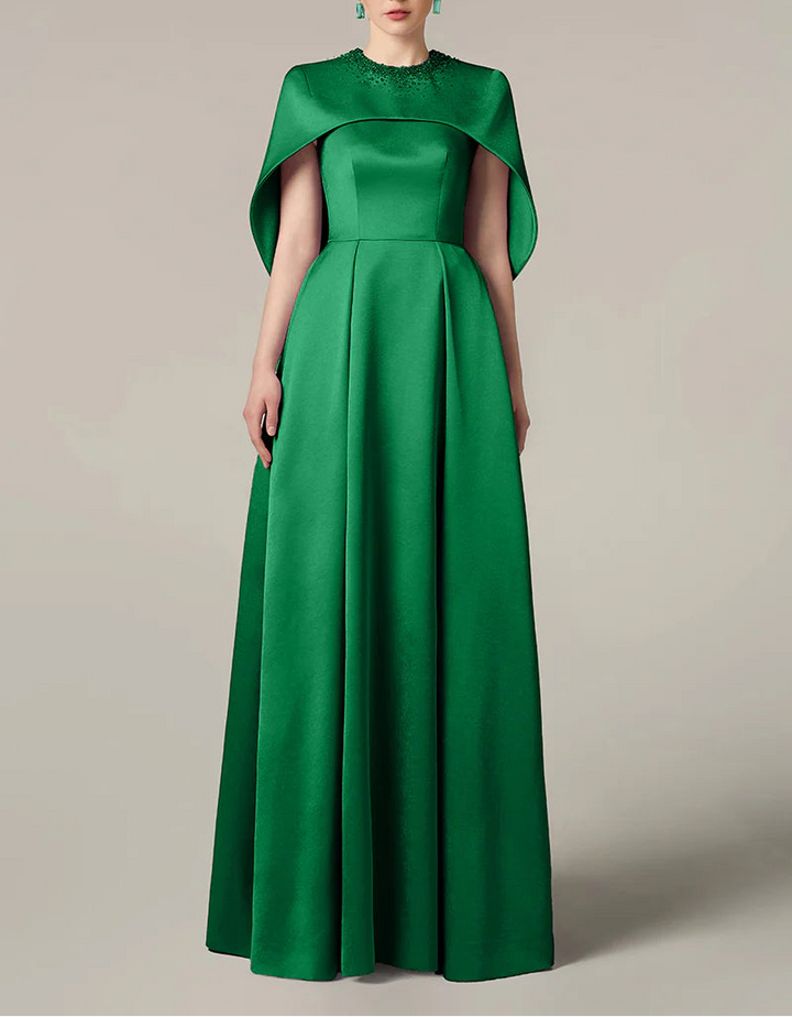 embellished cape gown in emerald satin – VERDELLA