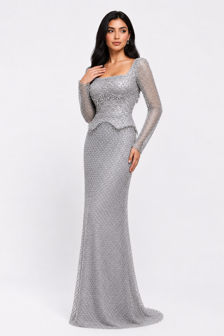 Crystal Beaded Long-Sleeve Gown – CELESTE