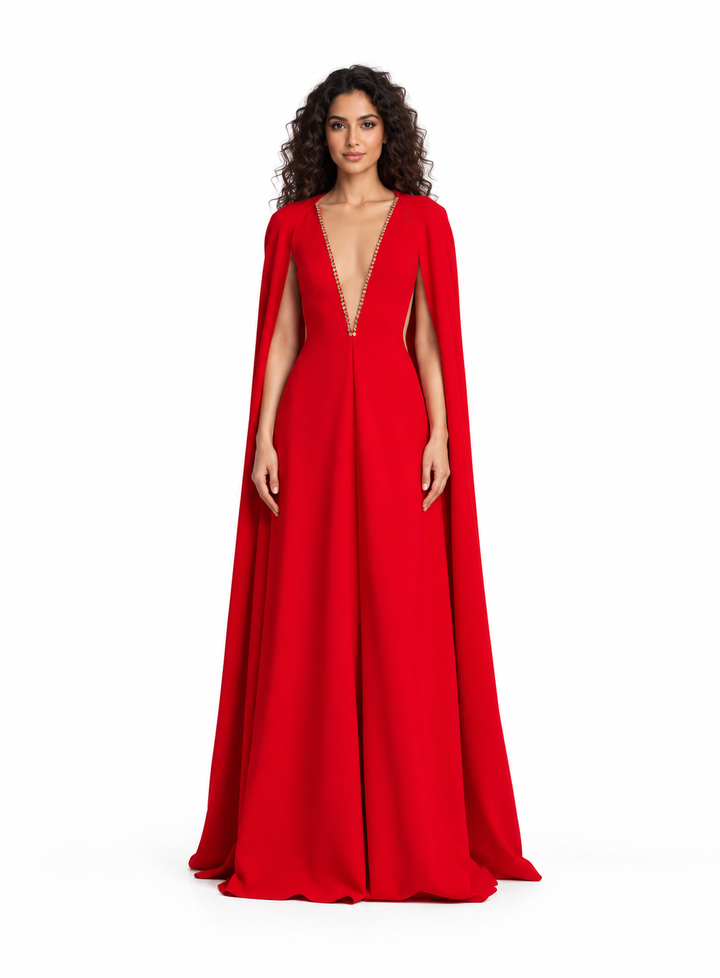 Crystal Plunge Cape Evening Gown - Rubienna