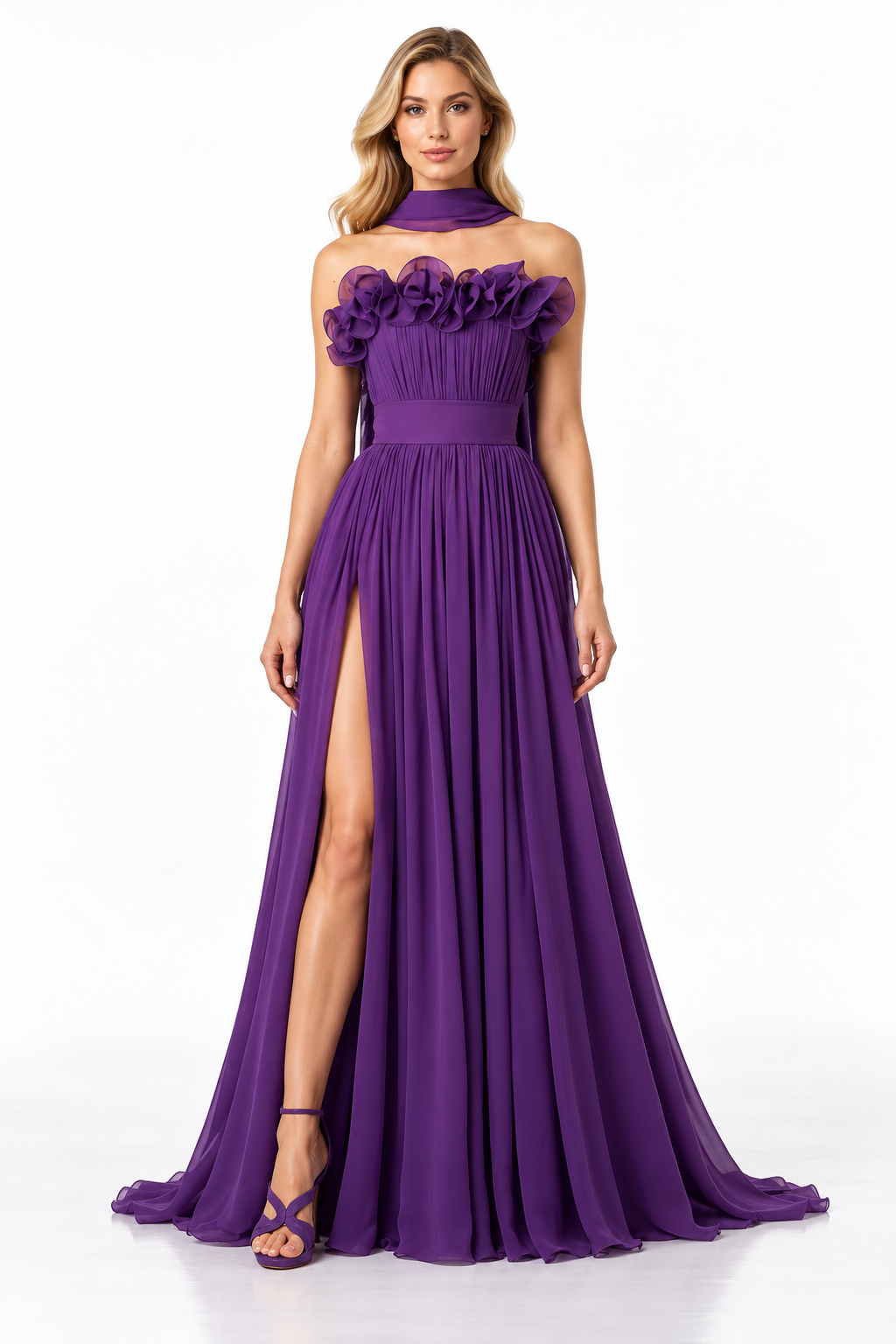 Ruffle Bodice Scarf Evening Gown - Amethystia
