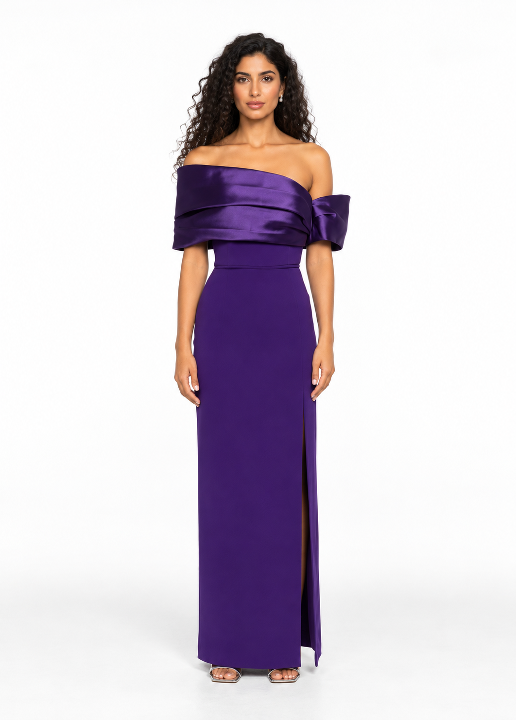 Draped Off-Shoulder Satin Evening Gown - Violettaire