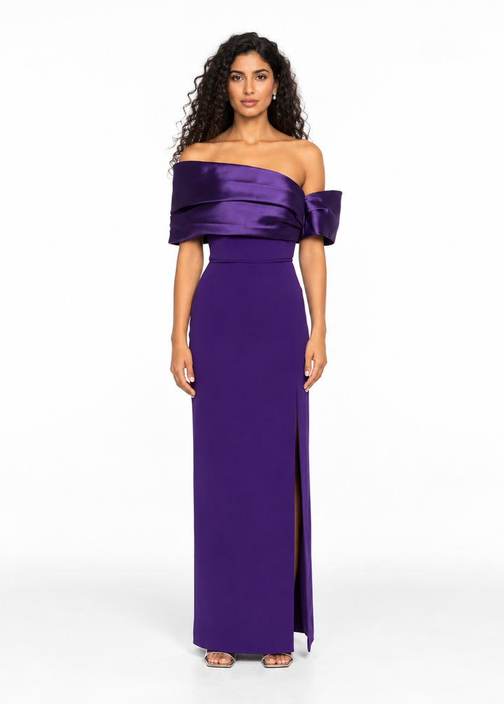 Draped Off-Shoulder Satin Evening Gown - Violettaire
