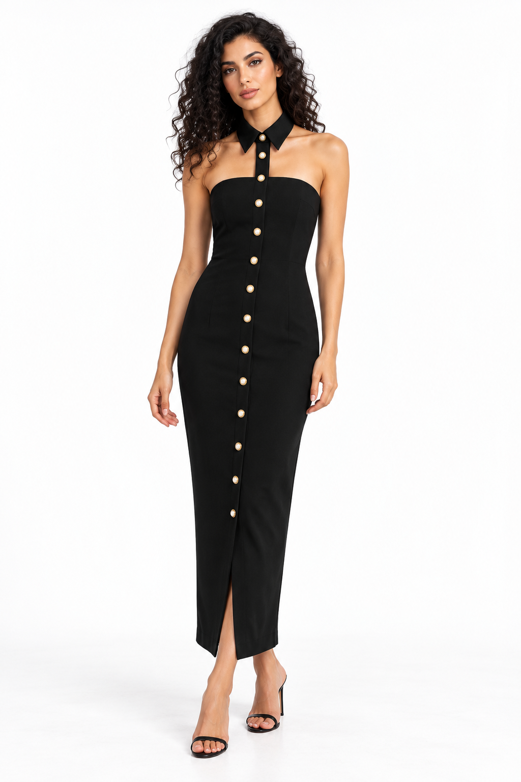 Button-Front Halter Midi Dress - Iconique