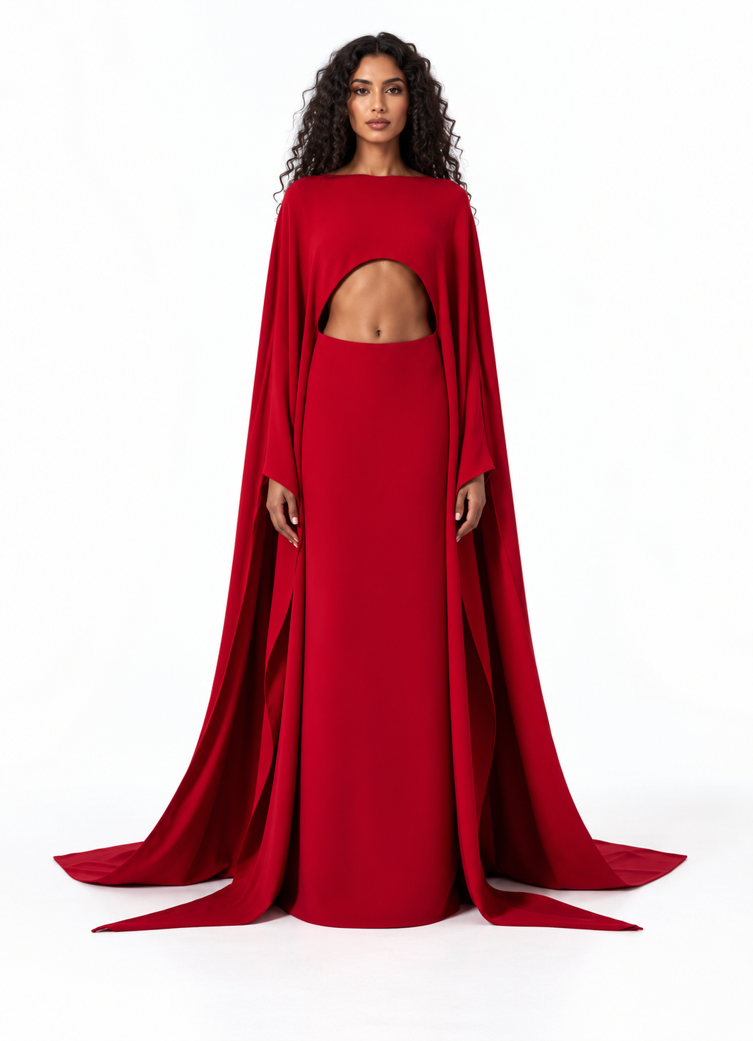 Cutout Cape Sleeve Evening Gown - Crimsona