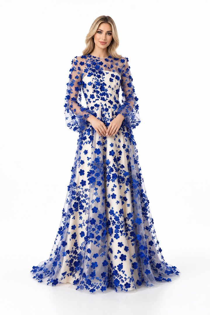Floral Appliqué Sheer Sleeve Evening Gown - Azurielle