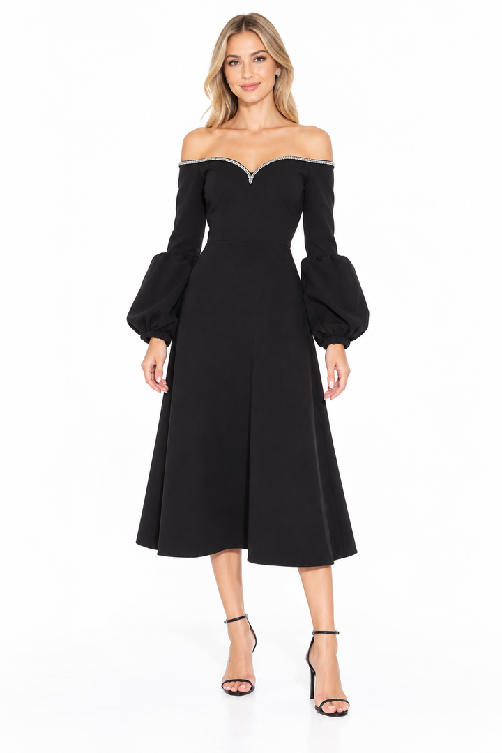 Embellished Off-Shoulder Midi Dress - VIVIENNE