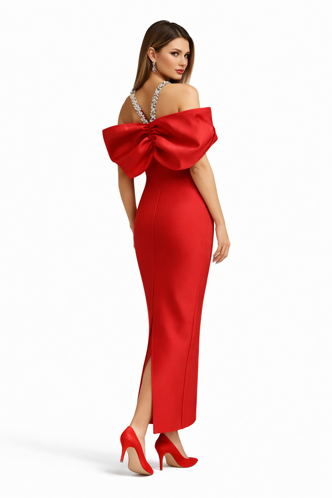 Crystal Halter Cape Gown – FUCHSIA