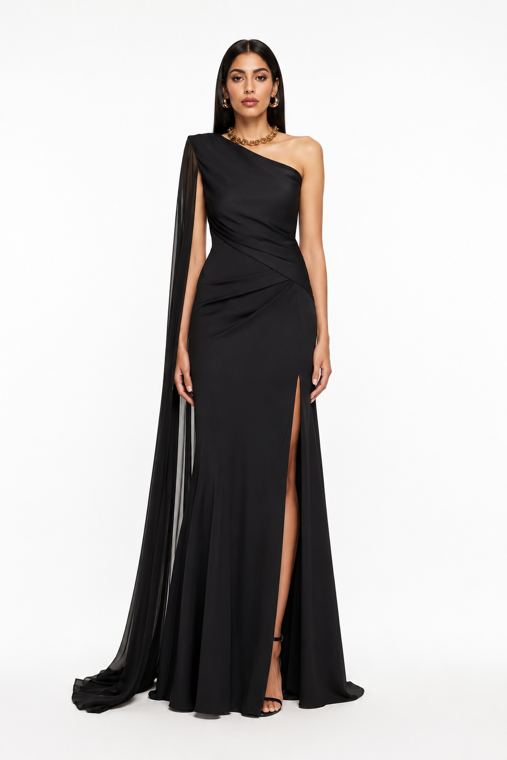 One-Shoulder Cape Gown – Noir
