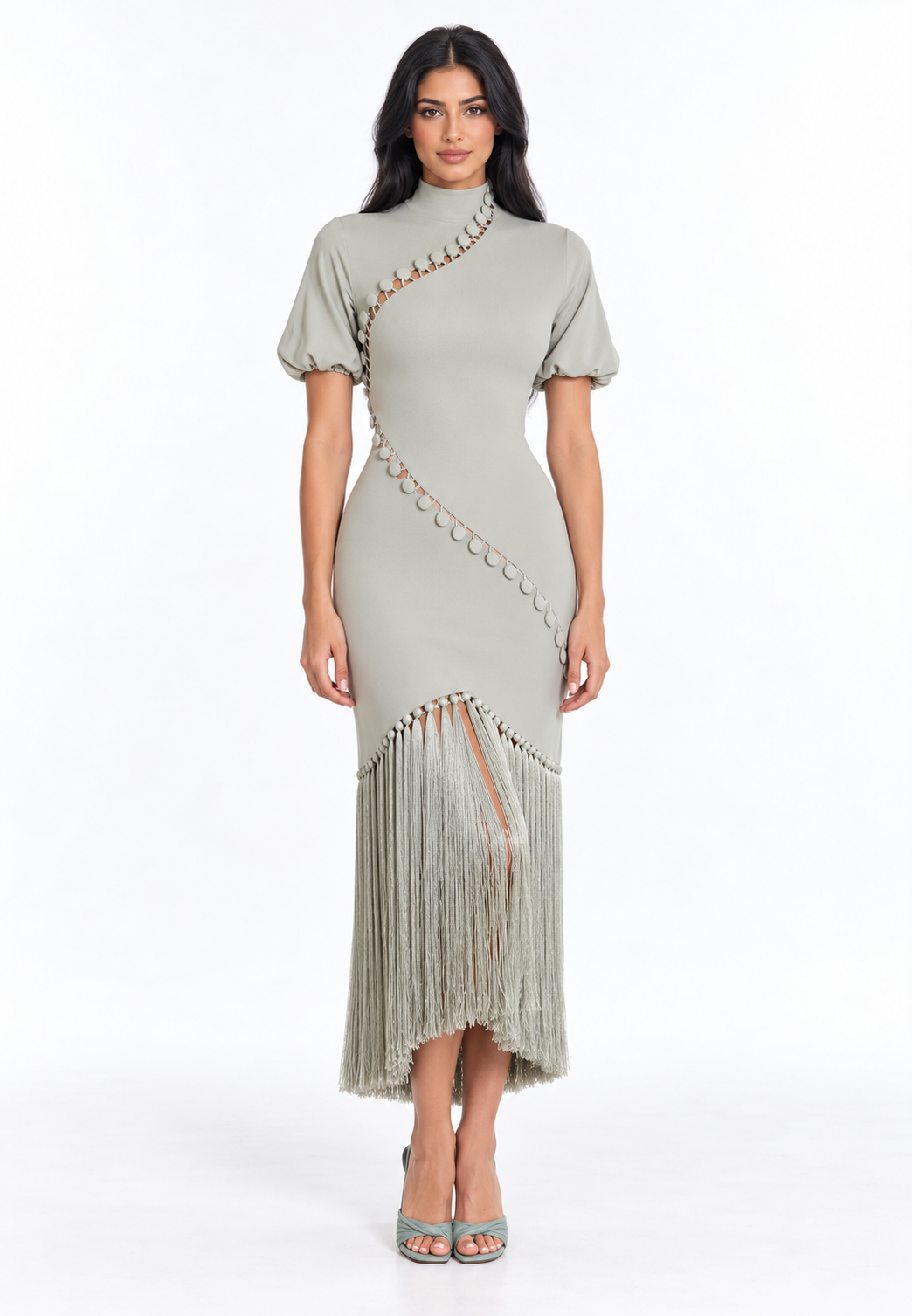 Fringe Detail High Neck Midi Dress – Elvaris