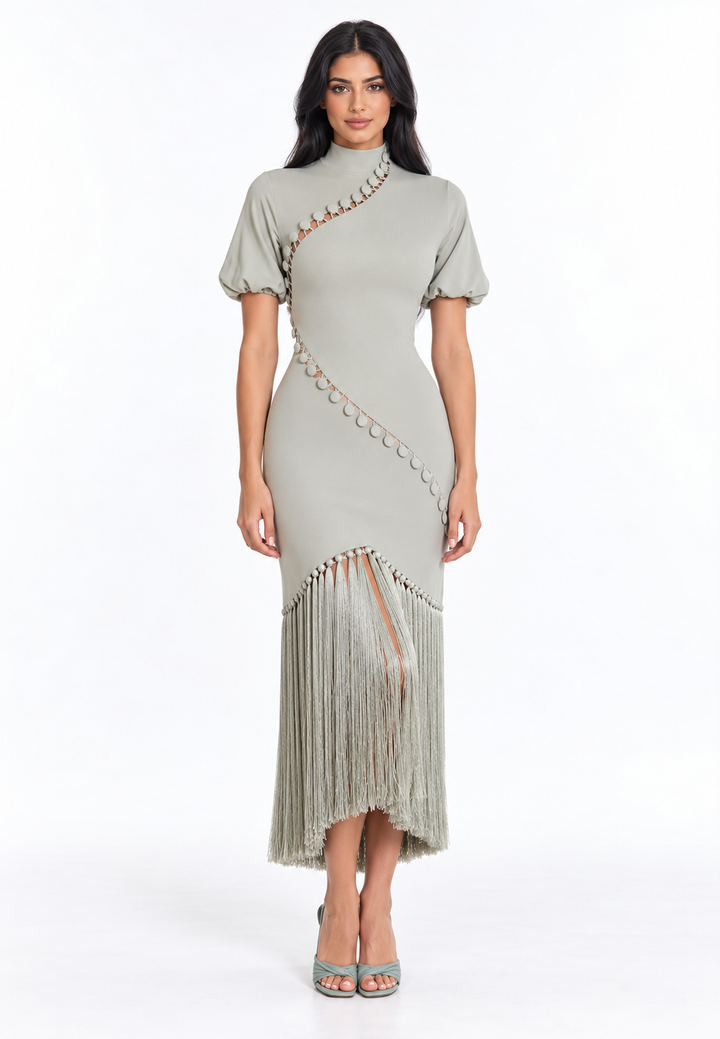 Fringe Detail High Neck Midi Dress – Elvaris
