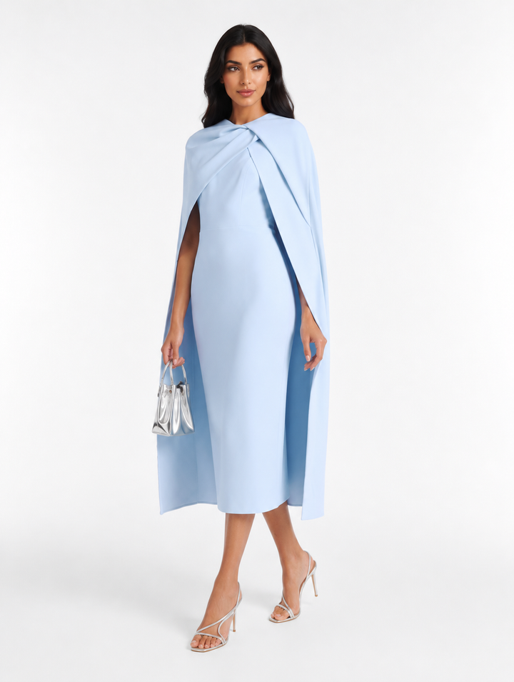 Draped Cape Midi Dress – Sky