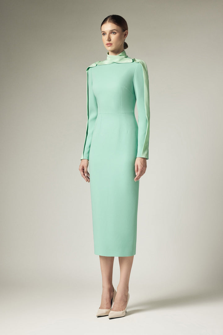 high-neck sheath dress with shoulder drape – ASLIK