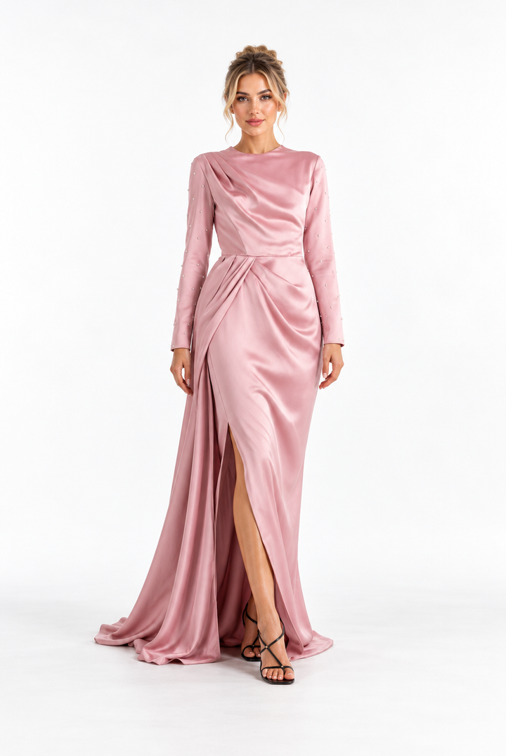 Ruched Satin Long Sleeve Evening Gown - Rosavelle