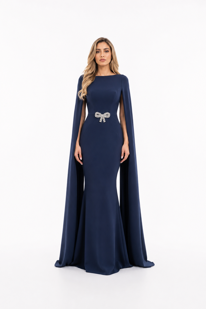 Navy Crystal Bow Cape Mermaid Gown – ROYALE
