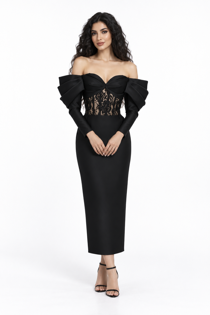 Lace Corset Ruffle Sleeve Midi Dress - Belladonna