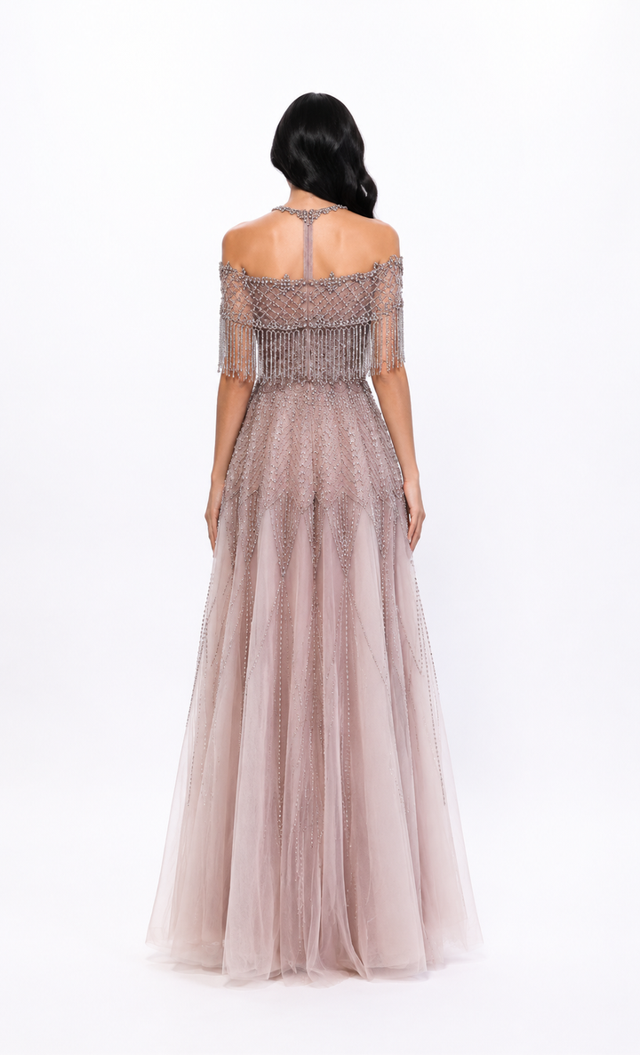 Crystal Fringe Off-Shoulder Gown – LUMERA