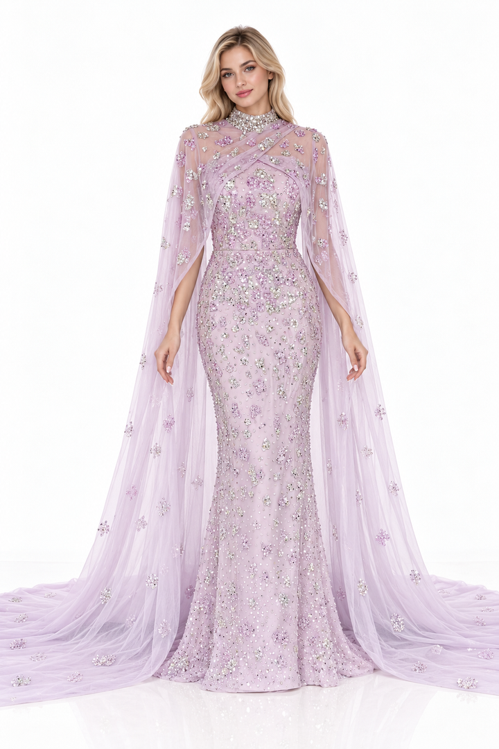 Embellished High Neck Cape Column Maxi Dress – Lavienne