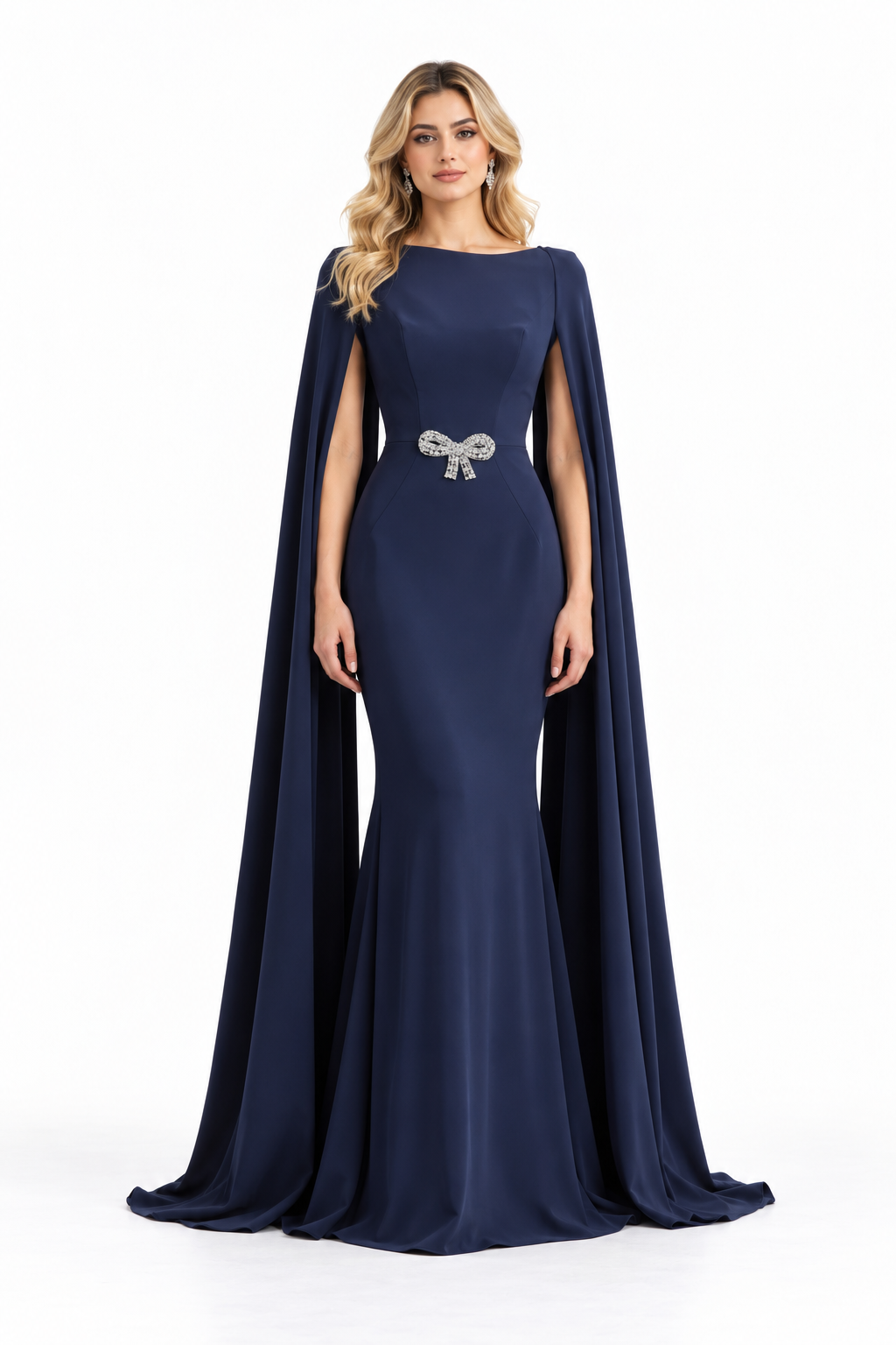 Crystal Bow Cape Mermaid Evening Gown - Navielle