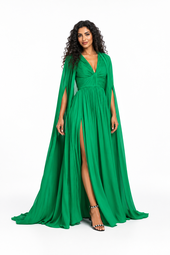 Ruched V-Neck Cape Evening Gown - Sylvara
