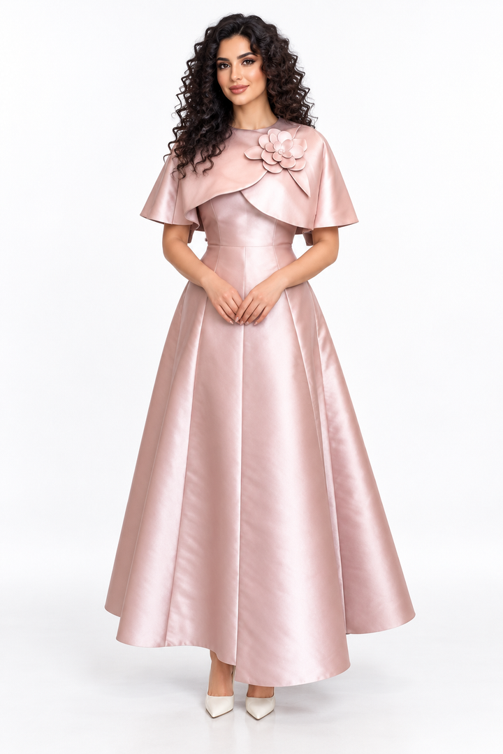 Floral Collar Satin Midi - Rosette