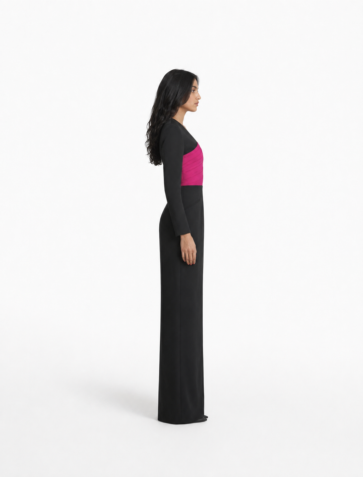 Black & Fuchsia Color-Block Long Sleeve Gown – VELORA