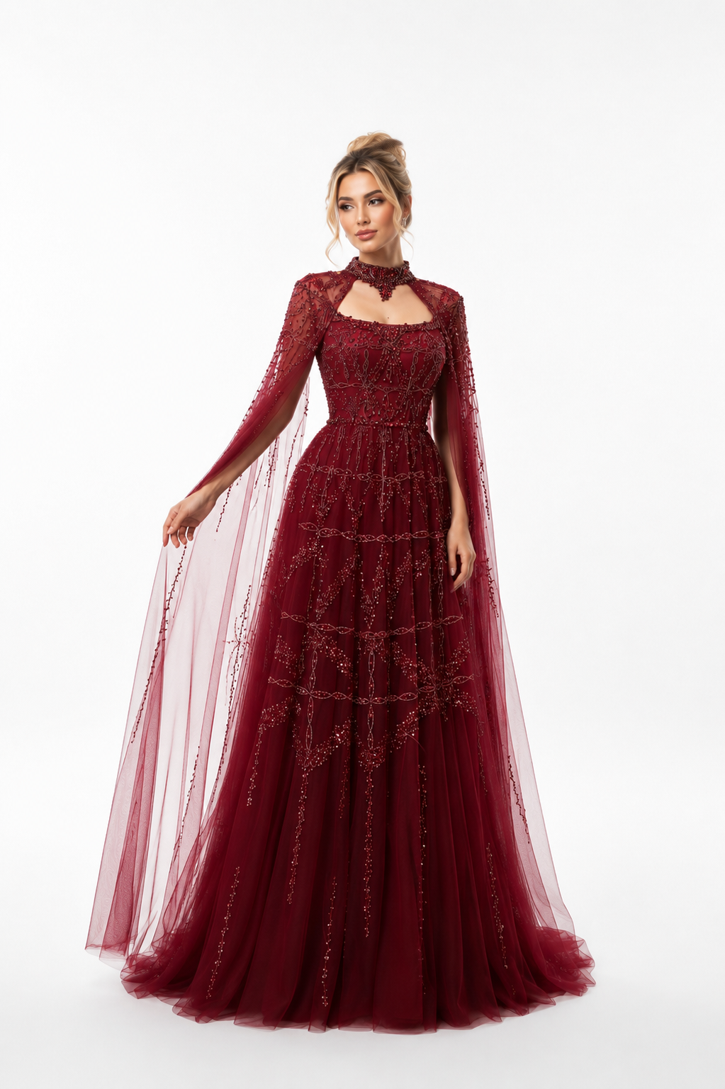 Embellished Cape Evening Gown – SCARLET